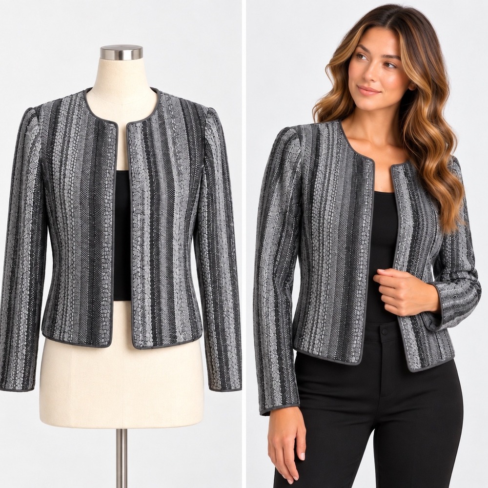 Worth New York Jacket Womens 8 Gray Striped Textured Mohair Blend Open Front